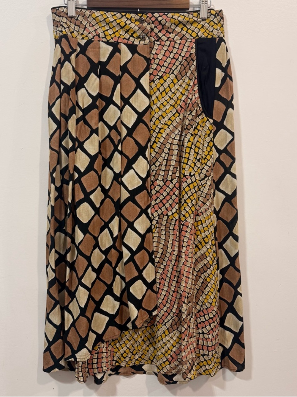 A.K.F. New York Vintage Women's Wrap Mixed-Pattern Brown Cream Midi Skirt Size S